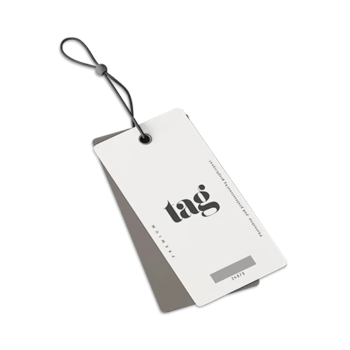 Clothing tags with round corners and custom design, includes a custom made string for luxury look