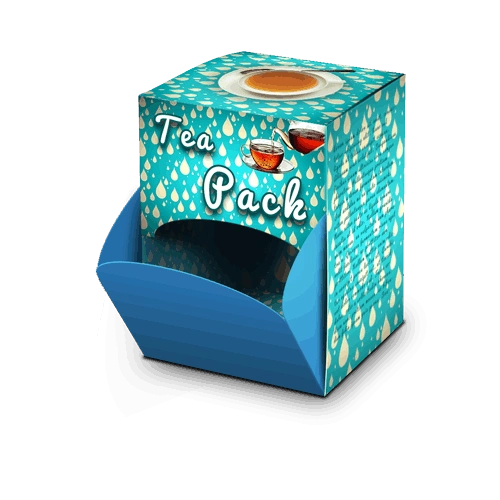Branded dispenser box on 300 gsm card stock with gloss lamination, perfect for candies & tea bags
