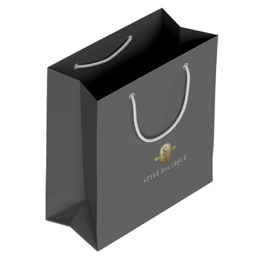 Black shopping bag with golden foil logo and cotton cord, suitable for apparel and cosmetics brands