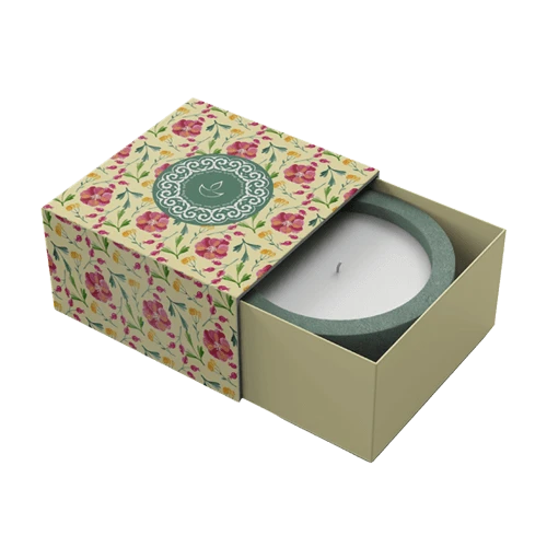 Sleeve tray style product box with colourful printing perfect for candle jar